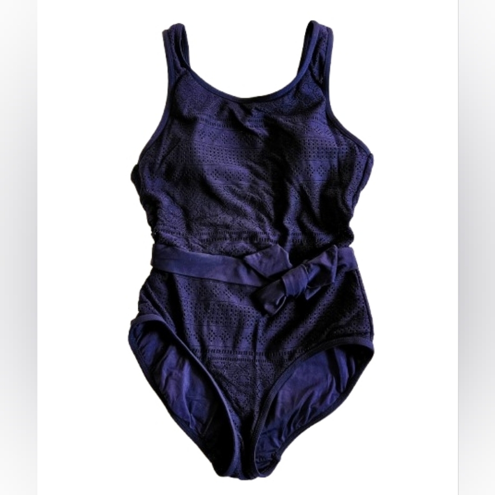 Anne Cole One Piece Swimsuit Crochet High Neck Belted Navy-Size 6